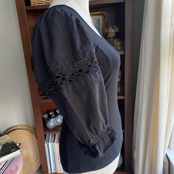 Free People Knit Blouse with 3/4” Eyelet Sleeves Size M Black - Picture 4 of 8